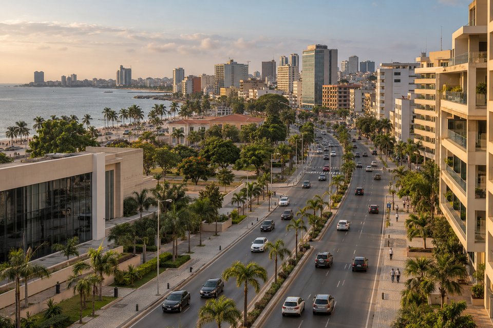 Imagem gerada por IA de uma avenida urbana com edifícios e circulação de viaturas